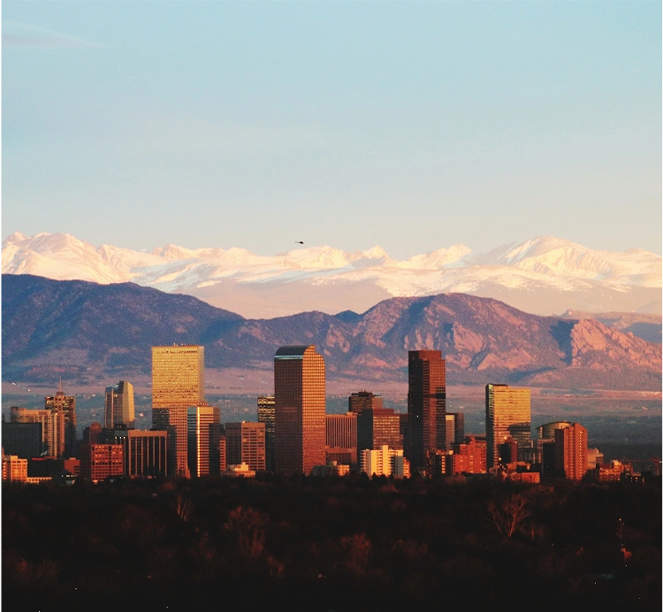 City skyline with mountain backdrop