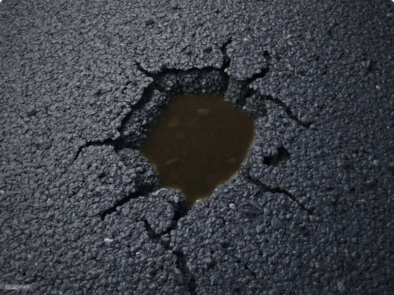 Cracked road surface with water-filled hole